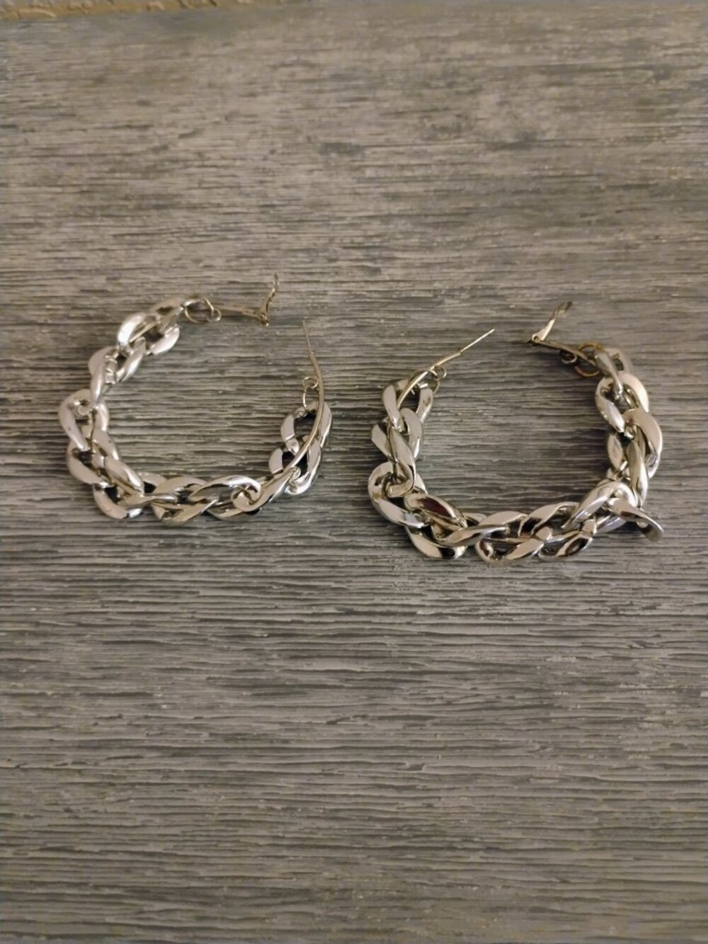 Large Silver Chain Hoop Earrings – 3 Inch Chunky Curb Link Hoops – Lightweight